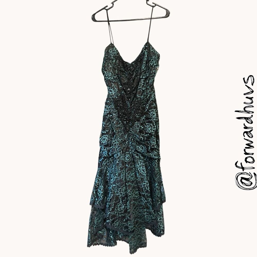 New Leaf Vintage Beaded Lace Prom Formal Dress Black Teal Size 7/8